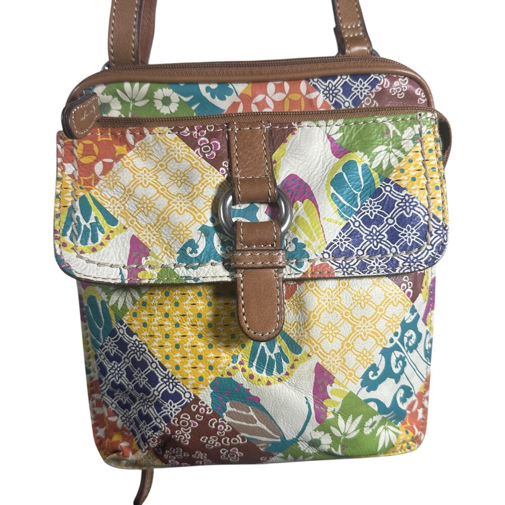 Vintage Fossil Patchwork Crossbody Bag Multicolor Leather Flap Front Boho Style